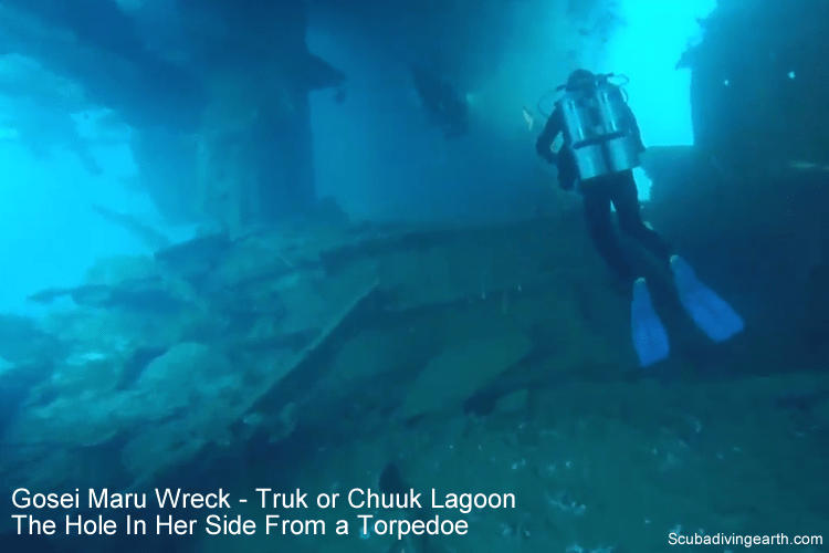 Gosei Maru Wreck - Truk or Chuuk Lagoon The Hole In Her Side From a Torpedo