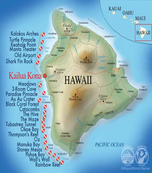 Hawaii liveaboard dives map of Big Island