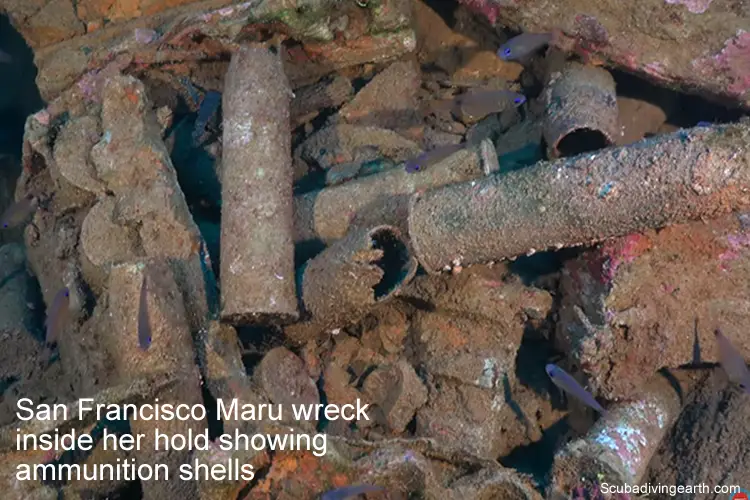 San Francisco Maru wreck inside her hold showing ammunition shells