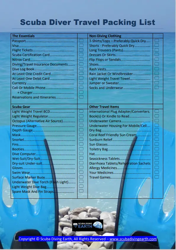 Scuba Diver Travel Packing List - PDF download